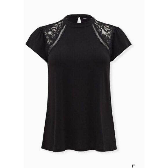 Torrid Studio Crepe Jersey Mock Neck Lace Inset Top Shirt Blouse Black Size 00 - Picture 1 of 12